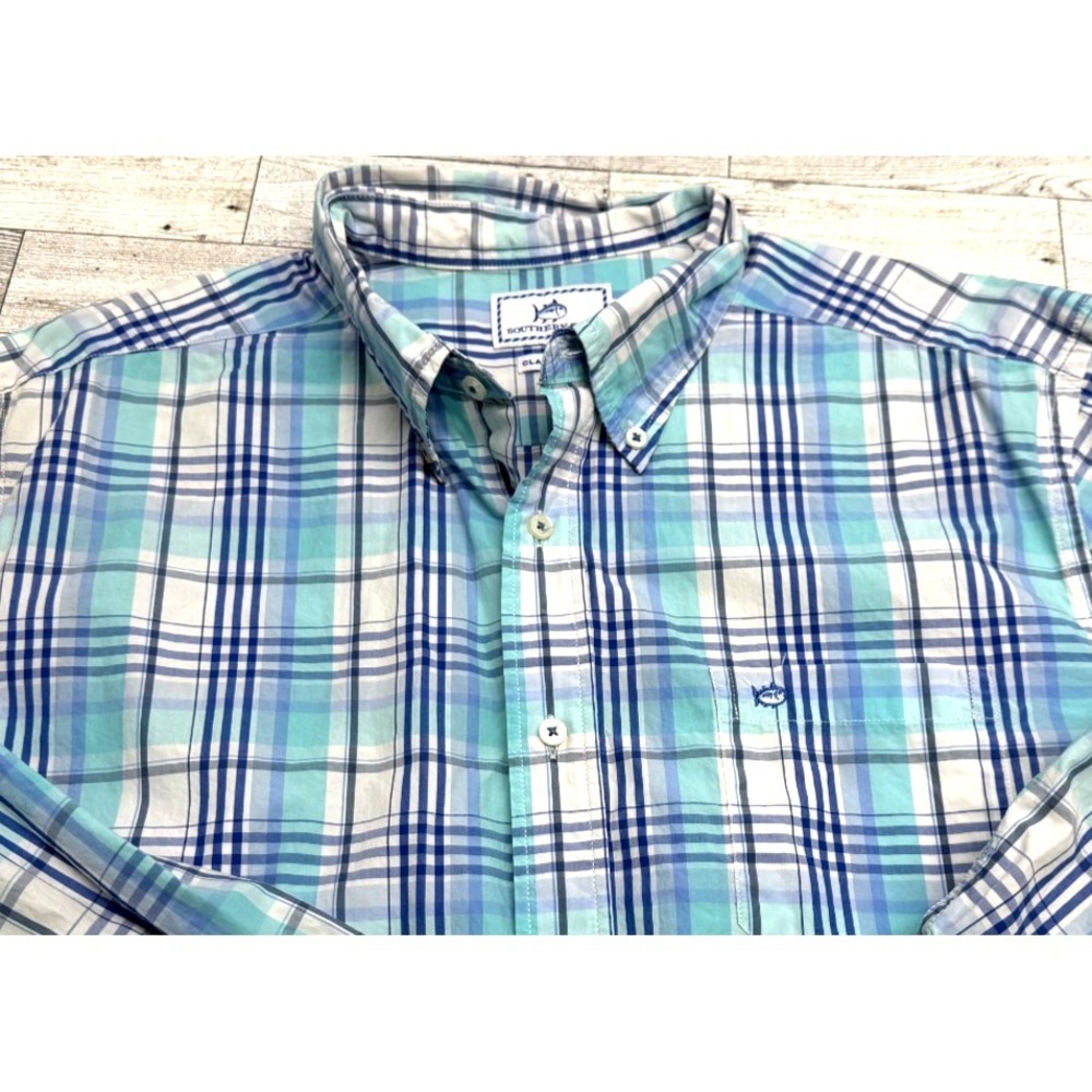 Southern Tide Men's Plaid Classic Fit Long Sleeve Shirt Blue‎ White Plaid LARGE